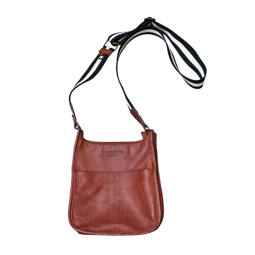 American Leather Co Cognac Brown Pebbled Leather Cali Crossbody Bag Striped